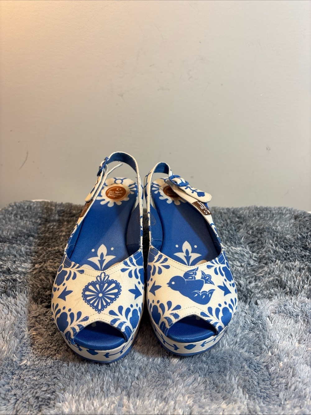 Hot Chocolate Design Blue and White Printed Peep-Toe Slingback Wedges